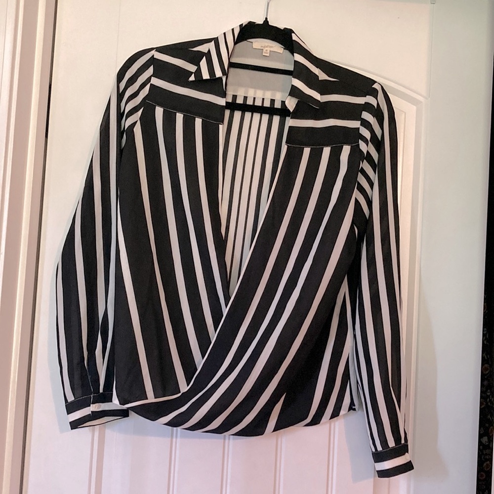 Black/white striped,wrap, sheer blouse.